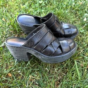 Born Pollina Clogs Women's 8M Black Leather Slip On Closed Toe Chunky Block Heel